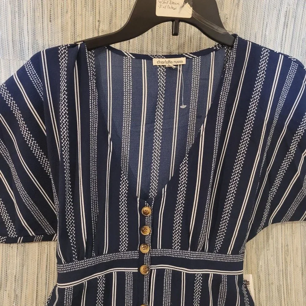 NWT Charlotte Russe V Neck Button Up Back Tie Striped Mini Dress Blue Size Small - Picture 4 of 12